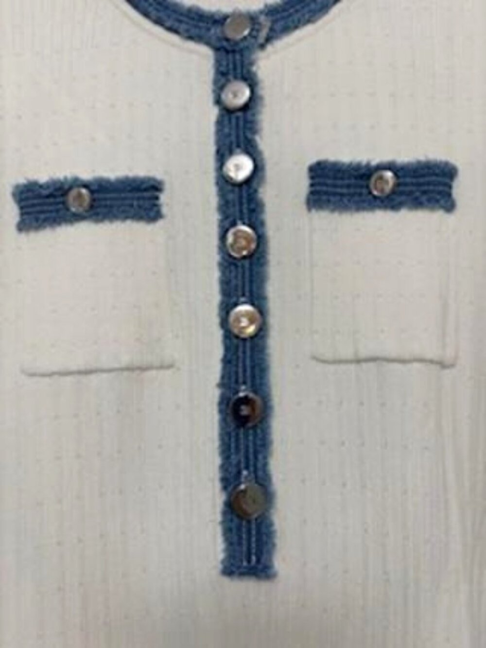 Elie Tahari White Knit Midi Dress Denim Blue Trim Silver Buttons Short Sleeve L - Picture 8 of 12